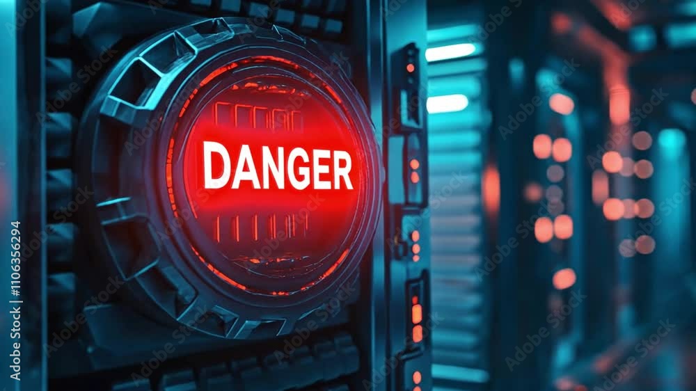 Poster high-tech danger warning alert in a futuristic environment with glowing red indicator lights