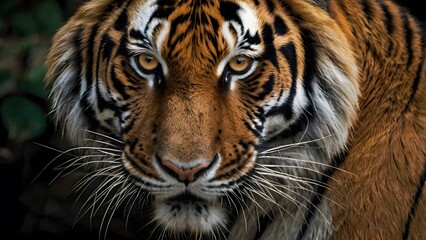 Fototapeta premium Tiger's Face showcasing powerful gaze, striking stripes, and majestic beauty in the heart of the wild.