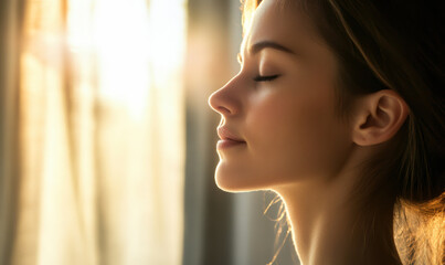 Woman enjoying sunlight indoors with shadows cast on her face in a peaceful moment of relaxation and personal reflection during the afternoon
