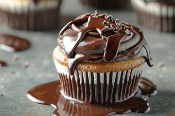 A single chocolate frosted cupcake sits on a table, ready to be enjoyed