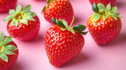 Fresh strawberries arranged on a bright pink background