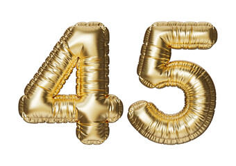 45. Glossy inflatable balloon with the number fourty-five. Golden volumetric numbers isolated on a transparent background. For anniversaries, birthdays, sales, greeting cards.