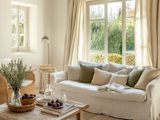 A living room with a couch, a chair, a table, and a window. There are several books on the table and a vase with flowers on the table. A bowl of fruit is on the table as well