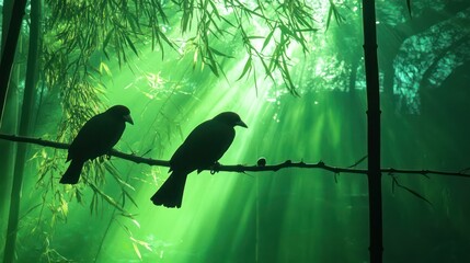 Magpies resting on branches in a bamboo forest, the sunlight casting a green glow.