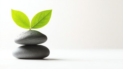 A serene composition featuring a stack of smooth stones supporting fresh green leaves, symbolizing balance and tranquility in nature, ideal for wellness and environmental themes.