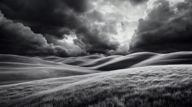 Dramatic clouds loom over rolling hills in a monochrome landscape, AI