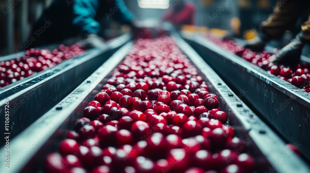Aufkleber workers are sorting freshly harvested fruits on a conveyor belt in a factory. the vibrant red fruits