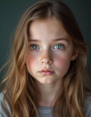 A young girl stands indoor in Russia, her striking grey-blue eyes gazing intently at the viewer. Natural light enhances her delicate features and long hair. Cute kid teenager schoolgirl. GenerativeAI