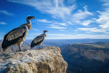 Majestic vultures on a cliff edge, with rocky terrain and vast blue sky stretching endlessly.