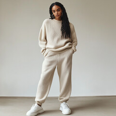 A model wearing an oversized, cashmere sweater in light beige and matching sweatpants with loose-fitting trousers that have a relaxed fit