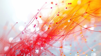 Obraz premium A complex web of vibrant wires illustrating internet connections. Red, orange, and yellow on a white background, with a shallow DOF to emphasize details