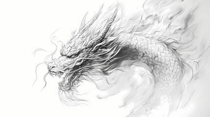 Fototapeta premium A whimsical pencil sketch of a majestic dragon's head, adorned with scales and fiery breathe, emerges from a blank paper background in bold strokes. Draconic. Illustration
