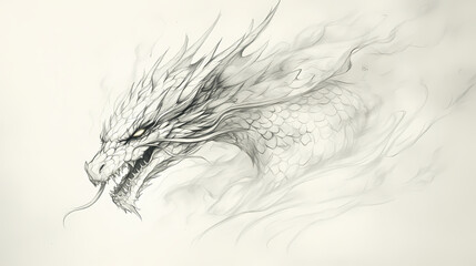 Obraz premium A whimsical pencil sketch of a majestic dragon's head, adorned with scales and fiery breathe, emerges from a blank paper background in bold strokes. Draconic. Illustration