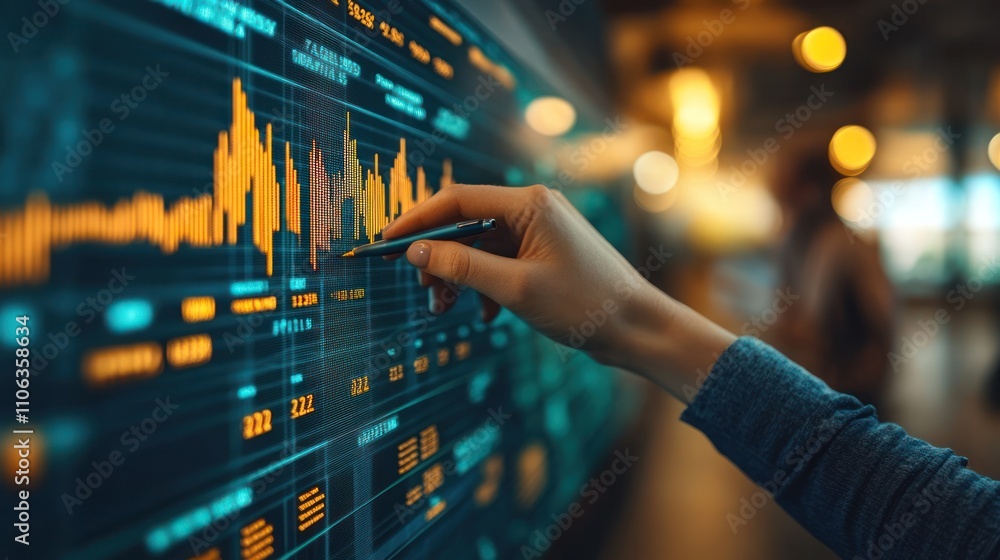 Poster analyzing financial data: a close-up of a hand interacting with a futuristic stock market display
