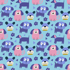 Fototapeta premium Dogs seamless pattern. Childish seamless pattern with funny creative dogs. Trendy scandinavian vector background. Perfect for kids apparel,fabric, textile, nursery decoration,wrapping paper