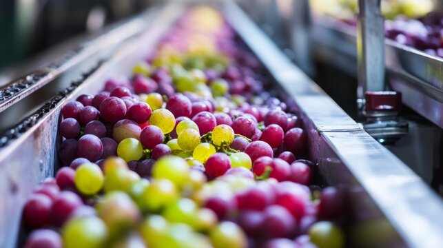 Freshly harvested grapes of various colors flow on conveyor belts during the juice production process. Workers oversee the sorting and preparation of these grapes for juicing applications. - Powered by Adobe