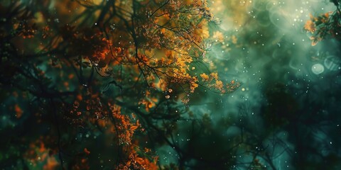 Fototapeta premium A solitary tree stands in the rain, its leaves glistening with water