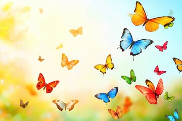 Fototapeta premium A group of colorful butterflies flying in the sky, with blue and green hues