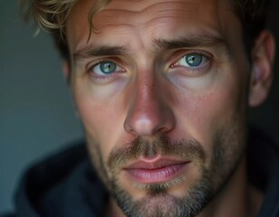Obraz premium A young man from Russia gazes directly at the viewer with striking blue eyes. Tousled hair and relaxed expression. Introspection and tranquility. Portrait of a handsome man of 30 years. Generative AI