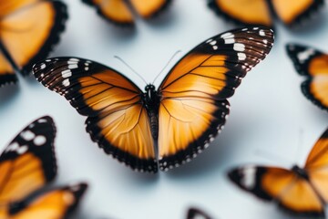 Obraz premium A group of orange butterflies sit atop a white surface, showcasing their vibrant colors and delicate wings