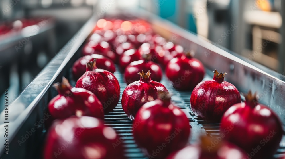 Leinwandbilder bright red pomegranates are arranged neatly on a conveyor belt in a juice production facility. worke