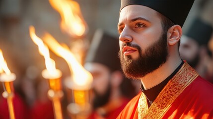 Orthodox Good Friday Procession With Clergy and Glowing Torches in Evening Light