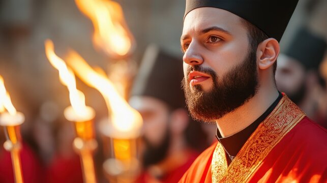 Orthodox Good Friday Procession With Clergy and Glowing Torches in Evening Light - Powered by Adobe