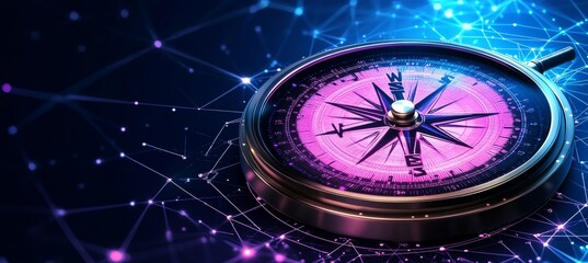 Digital Compass Navigating Glowing Data Points, Lines on Blue Gradient, Concept for Guidance