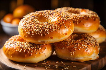 Gevrek Turkish Bagels Coated in Sesame Seeds Stacked on Wooden Board
