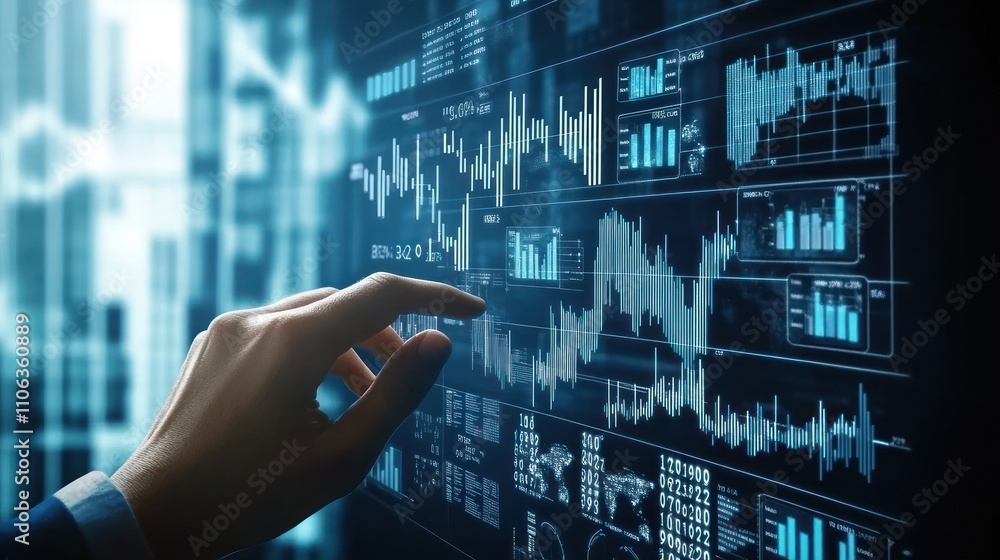 Poster digital finance: a hand interacting with data visualization