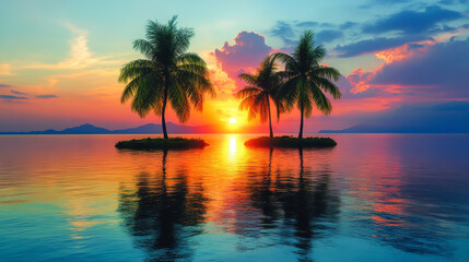 Sunset over a serene island with palm trees reflecting on calm waters in a tropical paradise