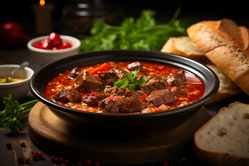 Hungarian Goulash Soup with Beef, Paprika, and Vegetables in Clay Pot