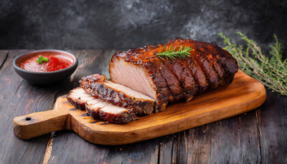 Juicy sliced roast meat garnished with rosemary on a wooden cutting board, accompanied by dipping sauces. Tender meat with a crispy exterior, and savory aroma create a mouth-watering presentation.