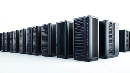 A sleek row of modern server racks lined up neatly, showcasing cutting-edge technology in data storage. Ideal for illustrating themes of connectivity and digital infrastructure.