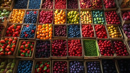 Fototapeta premium A vibrant display of fresh berries at an outdoor farmers' market, with strawberries, blueberries, and cherries neatly arranged in rows on boxes