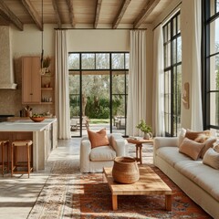 Fototapeta premium A living room with a white couch and a brown chair. A basket is on the coffee table