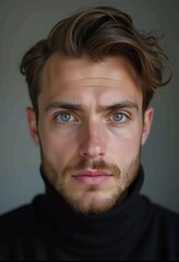 Fototapeta premium A young man from Russia gazes directly at the viewer with striking blue eyes. Tousled hair and relaxed expression. Introspection and tranquility. Portrait of a handsome man of 30 years. Generative AI