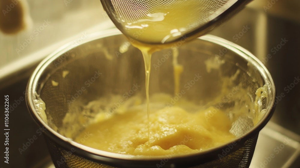 Aufkleber Fresh juice is being prepared in a kitchen, with a strainer filtering a vibrant yellow liquid. Chunks of fruit sit below, capturing the remaining pulp while juice drips steadily into a container.