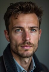 Obraz premium A young man from Russia gazes directly at the viewer with striking blue eyes. Tousled hair and relaxed expression. Introspection and tranquility. Portrait of a handsome man of 30 years. Generative AI