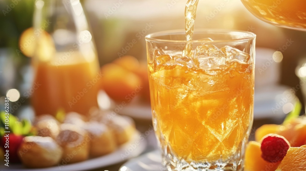 Poster a vibrant glass of juice is being filled as sunlight streams through, illuminating a delightful disp