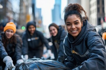 Group of urban volunteers actively participating in a cleanup campaign in a city street