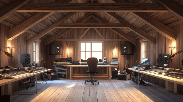 Rustic Wooden Home Music Studio  Recording Room  Mixing Desk  Instruments  Pro Audio Equip