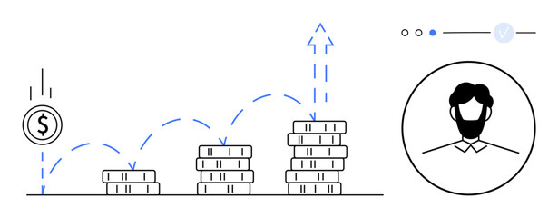 Obraz premium Coin bouncing on upward trajectory above increasing stacks of coins near businessman portrait. Ideal for finance, investment, growth, success, wealth, progress, business. Line metaphor