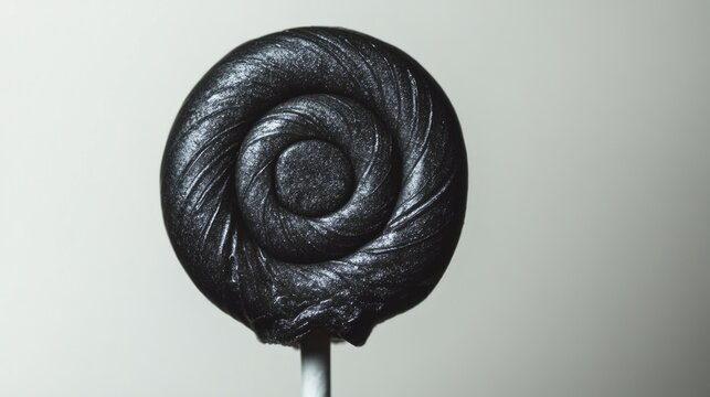 A close-up shot of a black lollipop on a stick, ideal for food or candy-themed illustrations