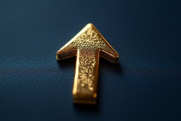 This image presents a solid gold upward arrow with mirror-like reflections, set against a navy blue background, representing clarity and the journey to success.

