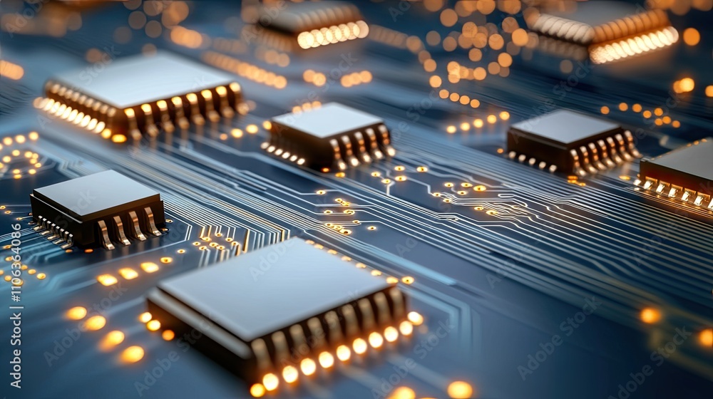 Poster abstract representation of a circular blue digital background with circuit patterns and flowing data
