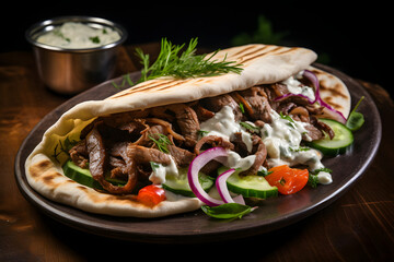 Greek Gyro Sandwich with Roasted Lamb, Tzatziki, and Red Onions