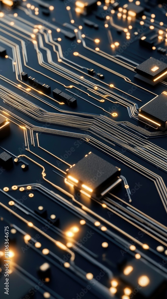 Poster Abstract representation of a circular blue digital background with circuit patterns and flowing data lines, emphasizing AI technology's impact