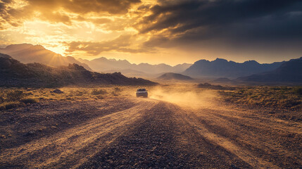Obraz premium SUV Driving Desert Road Sunset Dramatic Landscape Adventure Travel