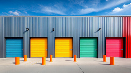 Fototapeta premium Colorful Storage Units Modern Building Exterior Vibrant Garage Doors Industrial Archite